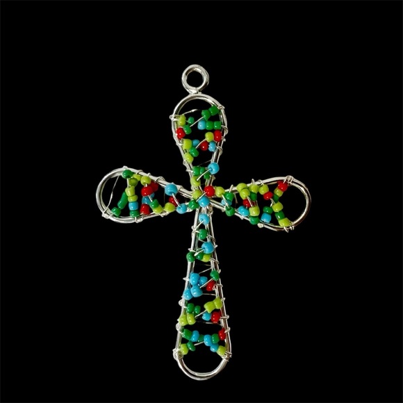 Bead and Wire Crucifix Pendant Silvertone Multi Color - Picture 1 of 4